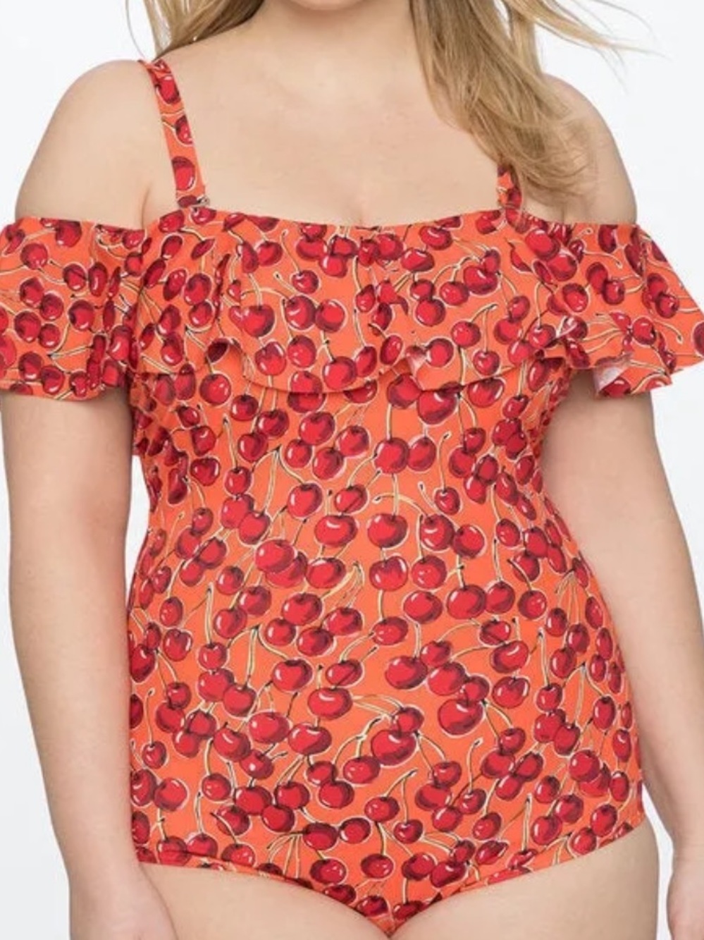 Eloquii Ruffle Off the Shoulder One Piece Swimsuit Cherry Print NEW